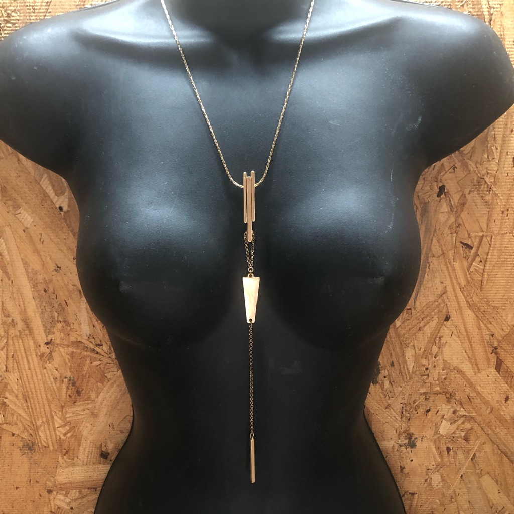 Jade Jasper Long Gold Tone Bars And 3 Tier Neckline Long Necklace